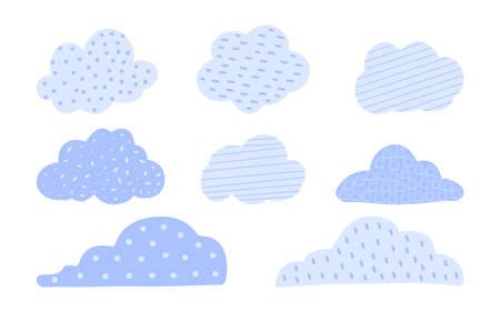 Cute blue doodle cloud set. Monochrome collection of hand drawn decorative clouds with circle spots, dots, lines. Design element great for kids background greeting cards or clothes Vector illustrationのイラスト素材