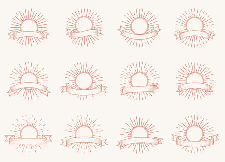 Set of radiant sunburst shapes banners. Design element vintage hipster style light rays frame for retro  emblem. Doodle of sunburst with space for text and ribbon Isolated vector illustrationのイラスト素材