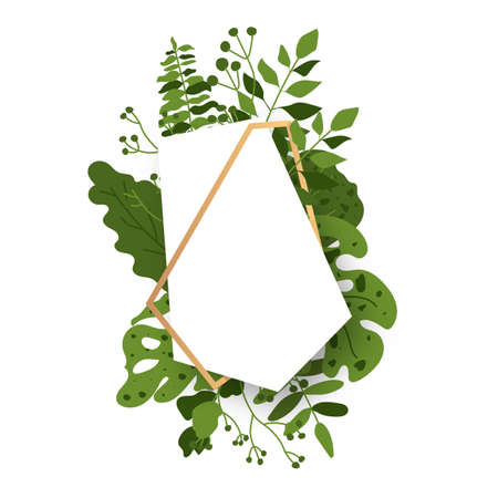 Abstract polyhedron gold floral frame with green exotic tropical leaves, branch, berries. Empty template for text. Luxury decorative modern polygonal geometric white banner closeup Vector illustrationのイラスト素材