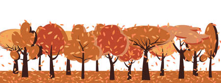 Autumn season with orange trees oak, birch, fir. Flat cartoon red nature forest landscapes. View of woods. Wildlife background for banner, greeting card, poster or advertising. Vector illustrationのイラスト素材