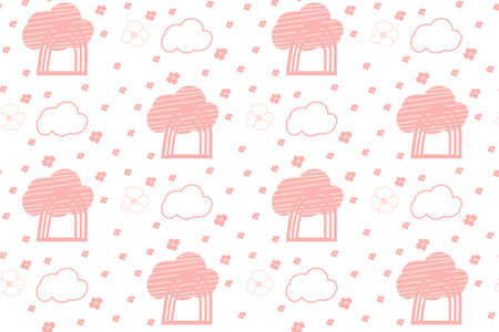 Kids cute pink doodle cloud seamless pattern. Pastel tileable background of hand drawn clouds with lines, flower and rainbow. Great for fabric, paper print, wallpaper decor or book Vector illustrationのイラスト素材