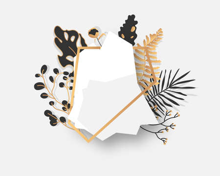 Abstract gold floral frame with exotic tropical leaves, branches, berries. Luxury decorative polyhedron white banner closeup. Modern polygonal geometric empty template for text. Vector illustrationのイラスト素材