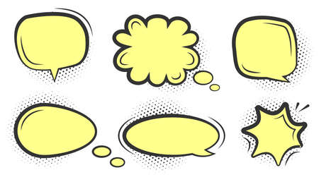 Comic speech bubble set. Different shapes blank pop art line doodle bubbles. Cartoon empty text clouds with halftone dot shadow. Comics message balloon template. Isolated on white vector illustrationのイラスト素材