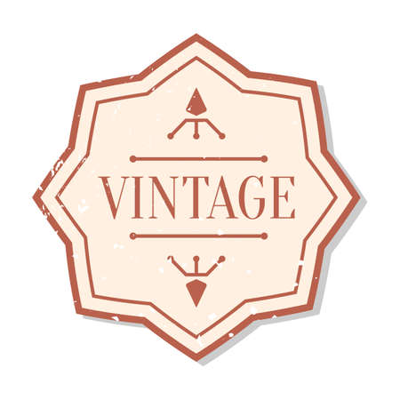 Closeup flat vintage colored label with grunge decorative element. Package sticker frame text template. Retro shape border banner, menu design. Single vintage badge isolated vector illustrationのイラスト素材
