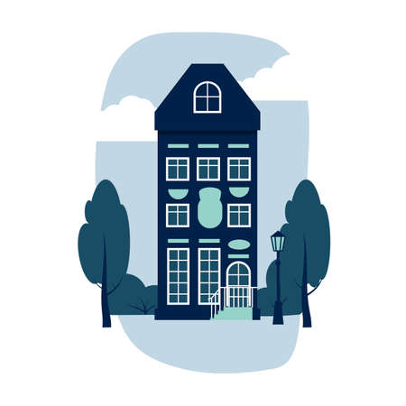 Cartoon colorful architecture Amsterdam, classic building facade in flat style. Tall house with trees, bush, clouds, lantern. Banner of composition urban landscape closeup Isolated vector illustrationのイラスト素材