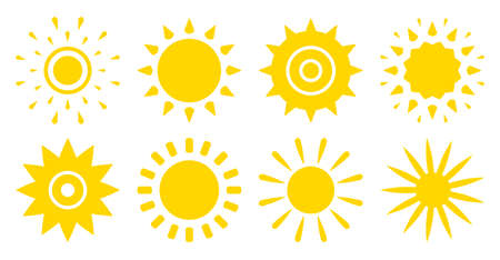 Set of sun flat cartoon icons. Abstract different shape summer symbol. Simple banner template decorative element for logo. Sign morning, weather, spring season. Isolated on white vector illustrationのイラスト素材