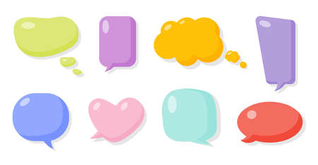 Colored comic speech soap bubble set. Glossy bubbles gum blank icon. Cartoon empty text box clouds. Funny abstract different shapes of balloon. Comics message template. Isolated vector illustrationのイラスト素材