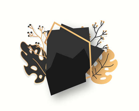 Abstract gold floral frame with exotic tropical leaves, branches, berries. Empty template for text. Luxury decorative modern polygonal geometric black banner. Polyhedron closeup. Vector illustrationのイラスト素材