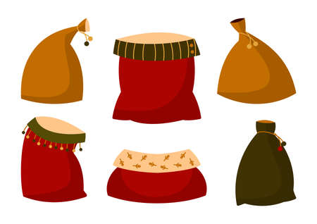 Flat colorful retro sack of Santa Claus set. Empty open, closed bag for christmas gifts. Holiday box. Winter container xmas presents. New year celebration concept Isolated on white vector illustrationのイラスト素材