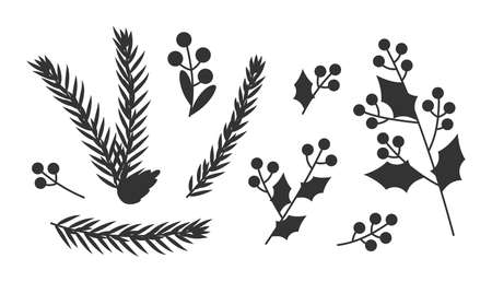 Set of Christmas branches with pine cones, berries, leaves. Black silhouettes winter floral elements. Traditional symbol New year holiday. Templates mistletoe. Isolated on white vector illustrationのイラスト素材