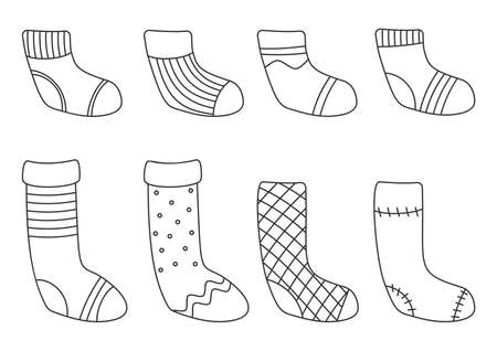 Black outline Christmas socks set. Warm cozy winter clothes. Traditional retro xmas striped stocking. Hygge time, holiday cute accessory. Simple style hosiery. Isolated on white vector illustrationのイラスト素材