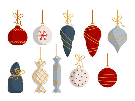 Christmas tree balls decorations flat cartoon set. Xmas toys, holiday ornaments icicle, candy bauble. Concept celebration New Year. Simple retro xmas trees decor. Isolated on white vector illustrationのイラスト素材