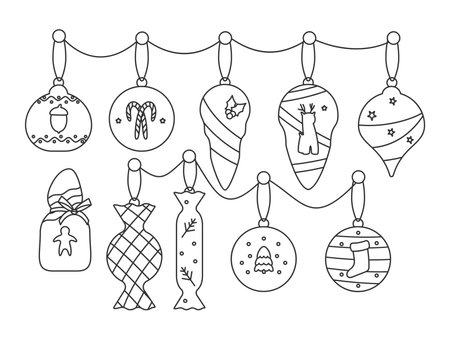 Christmas tree balls decorations set. Black outline Xmas toy, holiday ornaments icicle, candy baubleのイラスト素材
