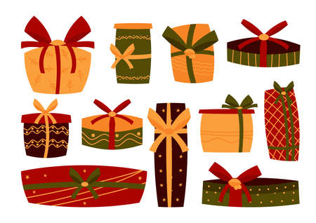 Gift colorful retro boxes set. Holiday present with ribbon in cartoon flat style. Christmas surpriseのイラスト素材