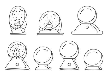 Xmas snow globe with fir-tree, outline icons set. Christmas winter present. Magic gift souvenir ballのイラスト素材