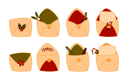 Christmas mail icons set flat cartoon style. Vintage open envelope with xmas decor of berry, leaf or empty letter for Santa. Traditional symbol New Year holiday. Isolated on white vector illustrationのイラスト素材