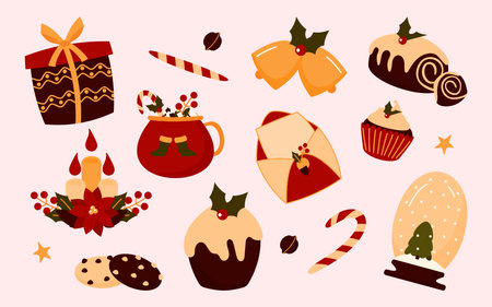 Collection of Christmas elements in cartoon style. New year snowglobe, bells, gift, mug and cupcakes. Traditional celebration accessories, concept winter xmas holidays. Isolated vector illustrationのイラスト素材