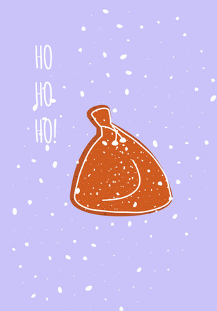 Christmas card with sack shape gingerbread cookie. Cute New Year postcard traditional winter dessert. Snowy invitation, greeting decorated with icon pastry as symbol Xmas holidays. Vector illustrationのイラスト素材