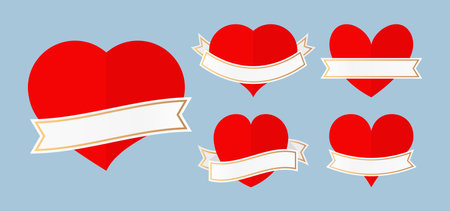 Red labels in shape heart, white ribbons with gold frame. Set of Valentine day for promotion, sale price. Template for text banner special offer. Luxury decorative modern sticker. Vector illustrationのイラスト素材