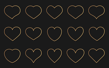 Heart golden line border icon set. Abstract different shape romantic symbol Valentines Day. Empty frame love decorative element template for wedding invitation card. Isolated vector illustrationのイラスト素材