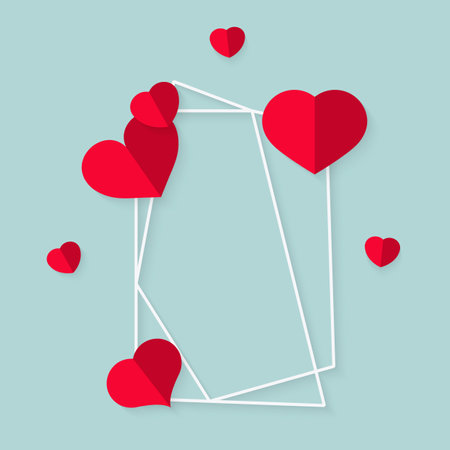 Closeup of abstract polygonal geometric white frame with red hearts. Template empty text banner for Valentines day. Design element polyhedron frame for wedding invitation card. Vector illustrationのイラスト素材