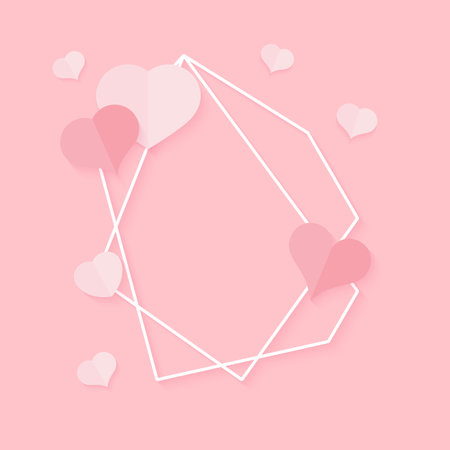 Closeup of abstract polygonal geometric white frame with pink hearts. Template empty text banner for Valentines day. Design element polyhedron frame for wedding invitation card. Vector illustrationのイラスト素材