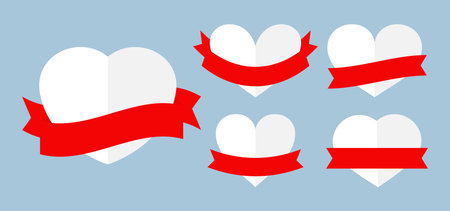 White hearts gloss labels with red ribbons set. Different shape heart empty for sale price. Template for text banner special offer of Valentine day. Luxury decorative modern. Vector illustrationのイラスト素材