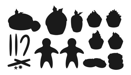 Christmas sweets food black silhouette icons set. Winter dessert. Traditional treat pudding, cupcake, gingerbread man. Tasty celebration snack New Year holiday. Isolated on white vector illustration.のイラスト素材
