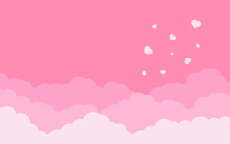 Pink sky, rose clouds with hearts landscape background for Valentines day. Border of cloud flat cartoon style. Cloudy heaven scene layered effect. Design panorama for banner poster Vector illustrationのイラスト素材