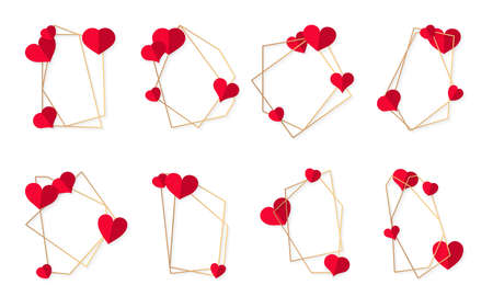 Set of abstract polygonal geometric gold frame with red heart. Template empty text banner for Valentine day. Luxury decorative element polyhedron frame for wedding invitation card. Vector illustrationのイラスト素材