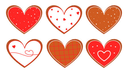 February dessert treat in shape heart decorated red glazed. Gingerbread cookies for Valentine day flat cartoon set. Pastry as symbol romance holidays. Festive ginger snack Isolated vector illustrationのイラスト素材