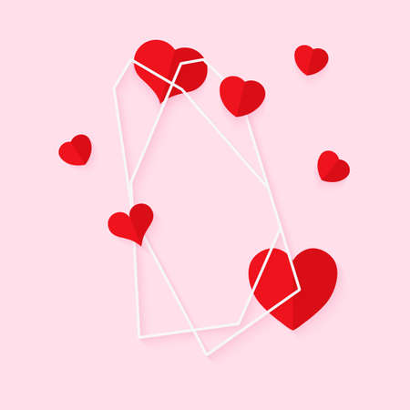 Abstract polygonal geometric white frame with red hearts. Template empty text banner for Valentines day. Design element polyhedron frame for wedding invitation card. Closeup Vector illustrationのイラスト素材