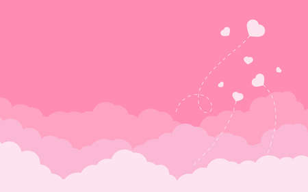 Pink clouds with flying hearts landscape background for Valentines day. Border of rose sky flat style and layered effect. Romantic panorama with place for text for banner, poster. Vector illustrationのイラスト素材