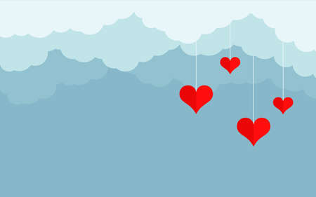 Blue clouds with hanging red hearts cartoon style. Background for Valentine day with place for text. Cloudy sky, heaven scene layered effect. Love romantic panorama for poster. Vector illustrationのイラスト素材