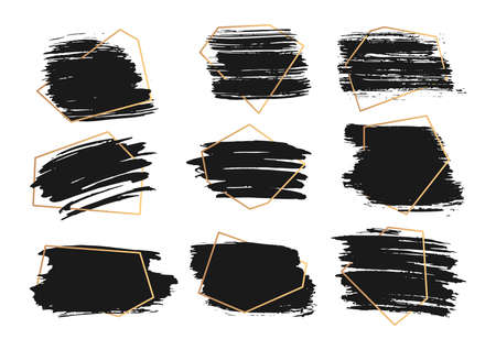 Set of different hand drawn ink brush strokes with gold frame. Stamp label for artistic design. Grunge texture, dirty banners and text boxes. Abstract lines black paint. Isolated vector illustrationのイラスト素材