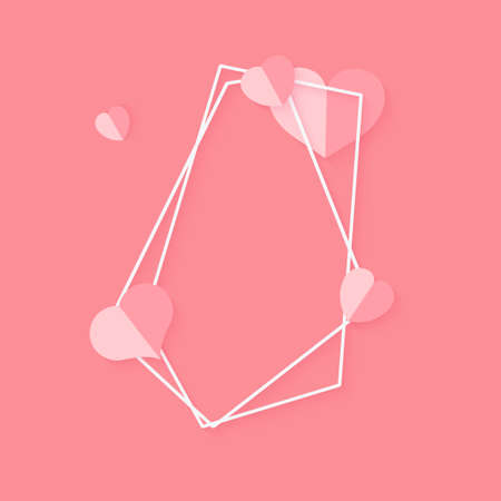Abstract polygonal geometric white frame with pink hearts. Template empty text banner for Valentines day. Design element polyhedron frame for wedding invitation card. Closeup Vector illustrationのイラスト素材