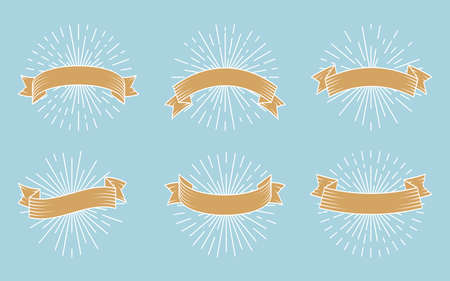 Gold ribbon with white contour line and sun rays. Old hipster style, blank emblem with space for text. Backdrop reto light rays. Template for banner, invitations or greeting cards. Vector illustrationのイラスト素材
