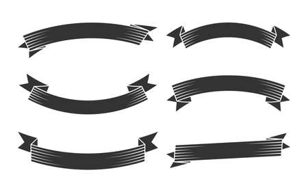 Retro black silhouette ribbons set. Vintage glyph banner tape in engraving style. Simple blank template different shape. Decorative flag for text, price tag, sale label. Isolated vector illustrationのイラスト素材