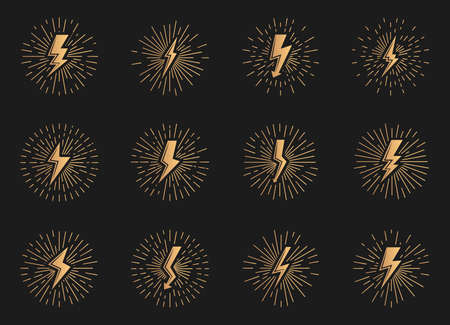 Set of gold vintage lightnings sign with sunburst effect. Retro icons electrical strike with arrow, shock light rays. Voltage and power, electricity, energy and thunder. Isolated vector illustrationのイラスト素材