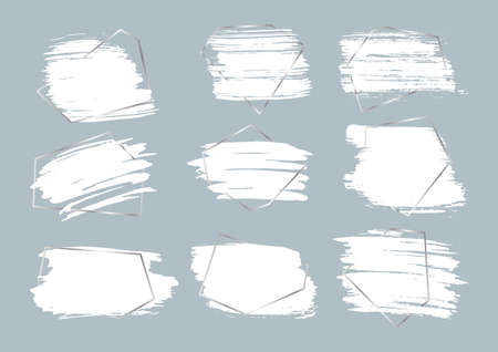 Set of different hand drawn ink brush strokes with silver frame. Stamp label for artistic design. Grunge texture, dirty banners and text boxes. Abstract lines white paint. Isolated vector illustrationのイラスト素材