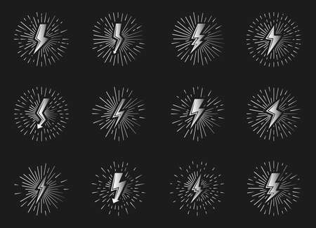 Set of silver vintage lightnings sign with sunburst effect. Retro icons electrical strike with arrow, shock light rays. Voltage and power, electricity, energy and thunder. Isolated vector illustrationのイラスト素材