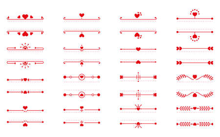 Red text box thin line and heart element, set. Romantic elegant decor text contour. Decorative element great for design for book page text, card, menu on Valentines Day. Isolated vector illustrationのイラスト素材