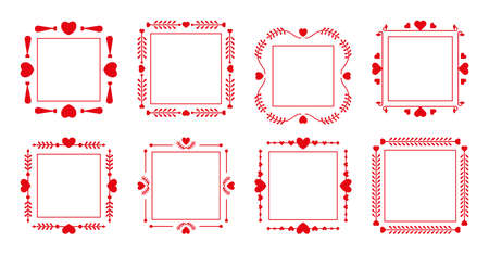 Set of decorative red frame elegant with heart romantic. Ornamental graphic decor border for text wedding invitation card, certificate, menu, book page. Frames isolated on white vector illustrationのイラスト素材