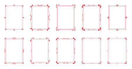 Red filigree decorative calligraphic frames set. Elegant calligraph vintage text border with hearts or floral ornaments template great for decor wedding card, certificate. Isolated vector illustrationのイラスト素材