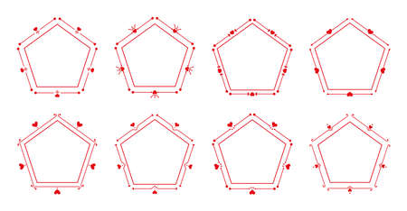 Ornate pentagon with thin line border set. Graphic polygonal frame with heart on Valentines day. Elegant ornamental decorative frames for decor invitation card, label, tag Isolated vector illustrationのイラスト素材