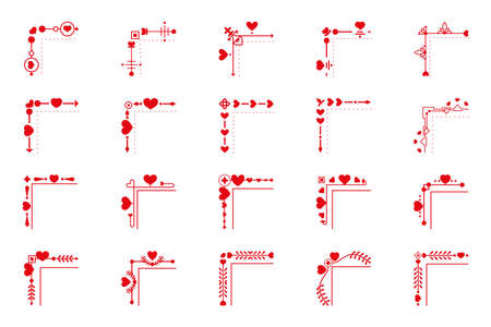 Red corner with heart, line border icon set. Graphic decorative element for design book page, text break, wedding invitation, certificate elegant decor for Valentine day. Isolated vector illustrationのイラスト素材