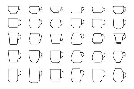Coffee or tea cup black outline icon set. Different shape empty   for shop, coffee house menu. Simple flat line symbol mug espresso or latte, energy morning. Isolated on white vector illustrationのイラスト素材