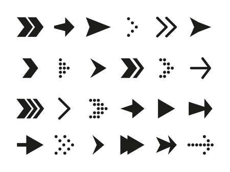 Black arrow icon set. Flat and dotted modern pointer cursor. Line navigation sign graphic symbol up, left, right, down. Infographic element, interface player, app Isolated on white vector illustrationのイラスト素材