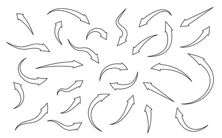 Black linear arrows icons set. Cursor contour curved sign. Navigation pointer. Simple graphic symbol infographic left, right, down. Abstract rotation or refresh. Isolated on white vector illustrationのイラスト素材
