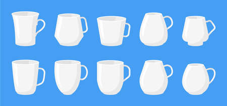 Set of cup for drinks, coffee container different type. Classic tea white mugs mockup, empty icon set. Flat cartoon style with space for labels.のイラスト素材